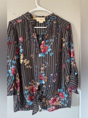 Wishful park Women’s Black Floral Stripe Tie-Front Blouse